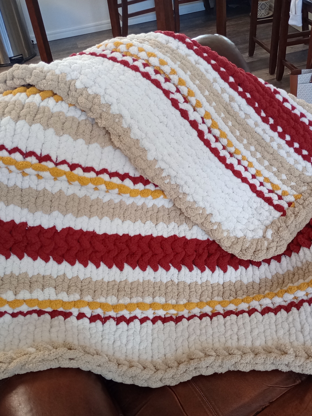 Desert Harvest Hand Knit Chunky Throw Blanket - White, Beige, Red & Yellow
